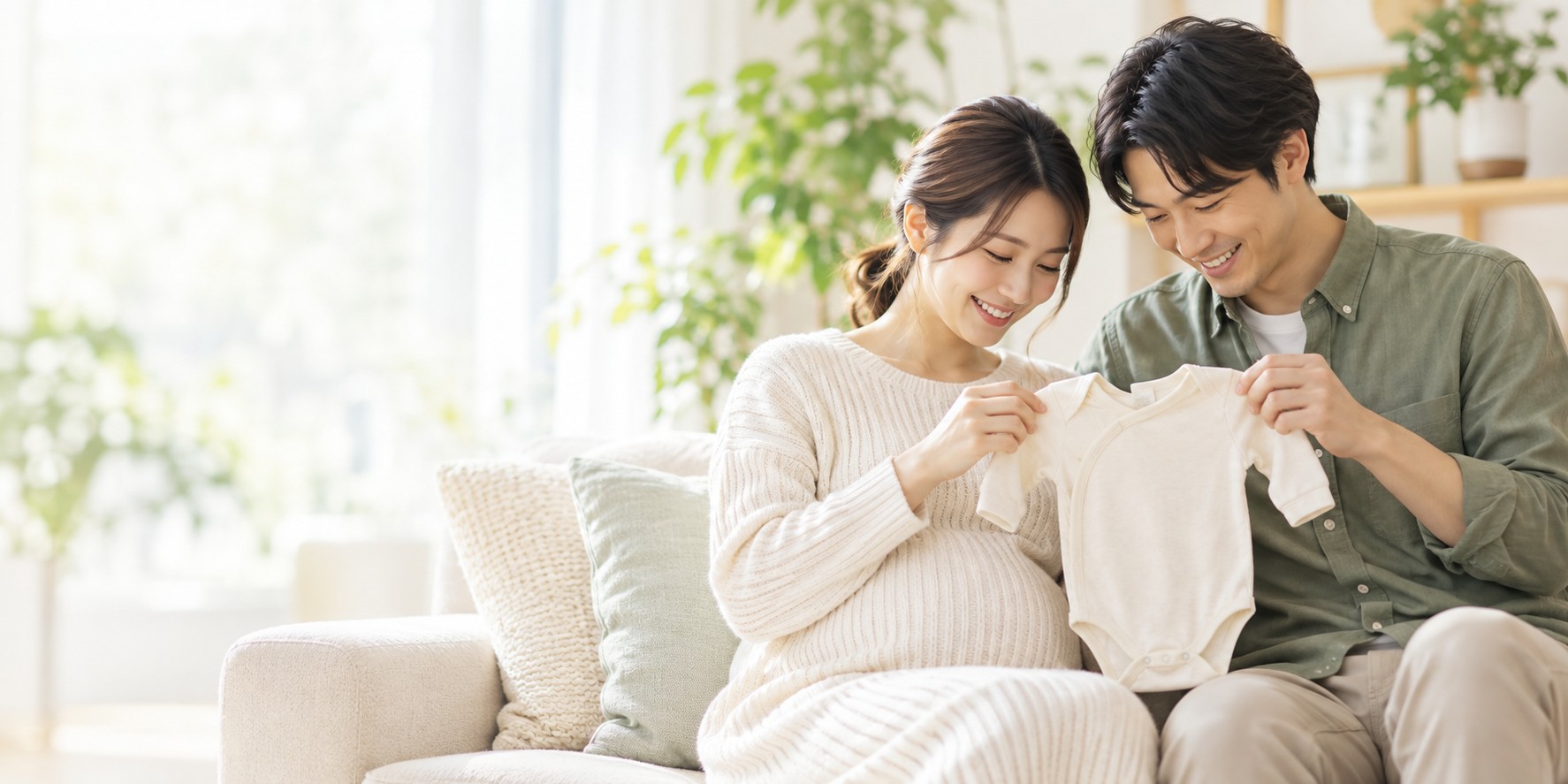 赤ちゃんの肌着を手に、これからの暮らしを考える妊娠中の女性とパートナー