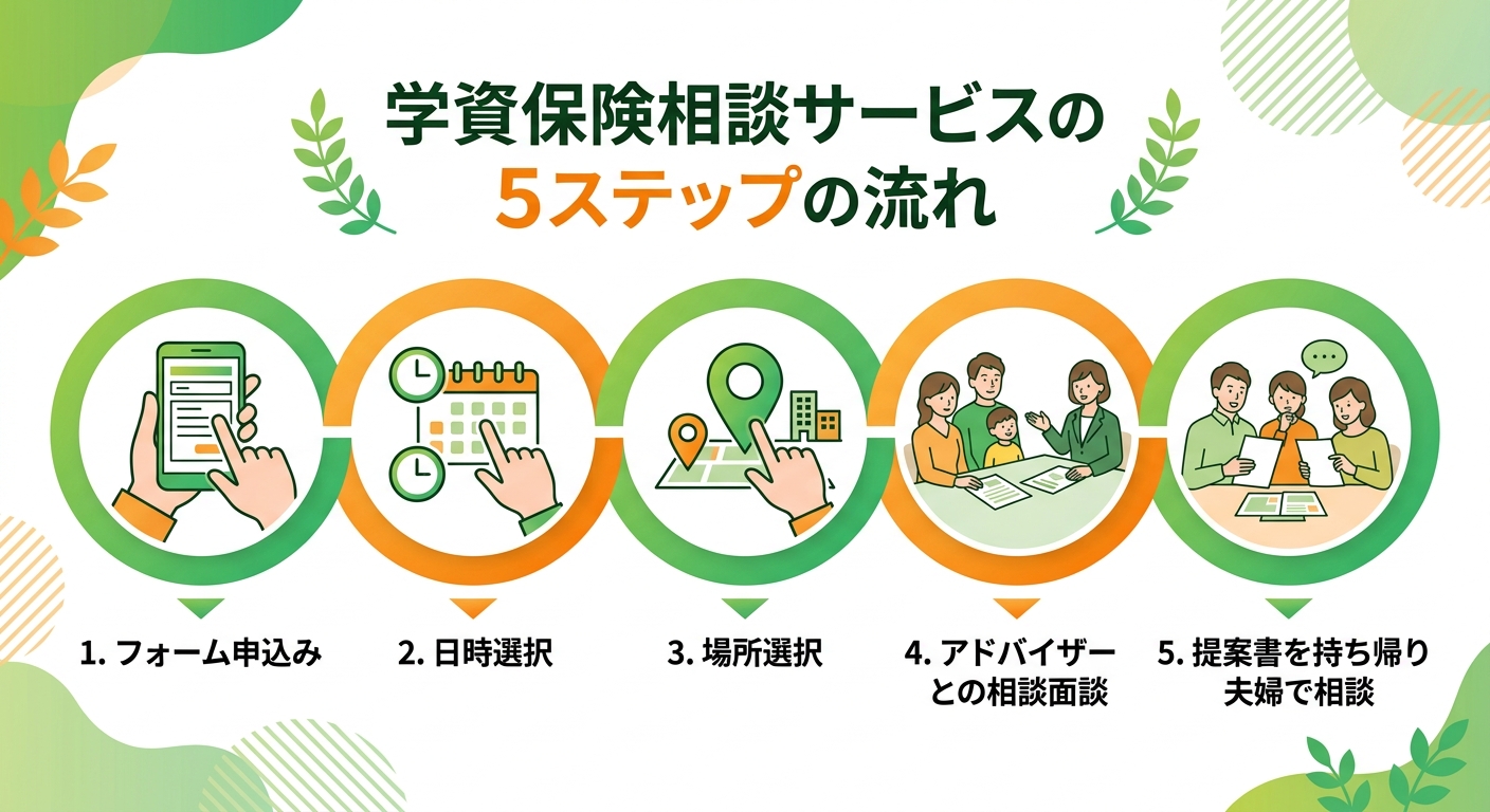 ガーデンの学資保険相談について、フォーム申込みから日時・場所選択、面談、持ち帰りまでの5ステップを示すイメージ画像