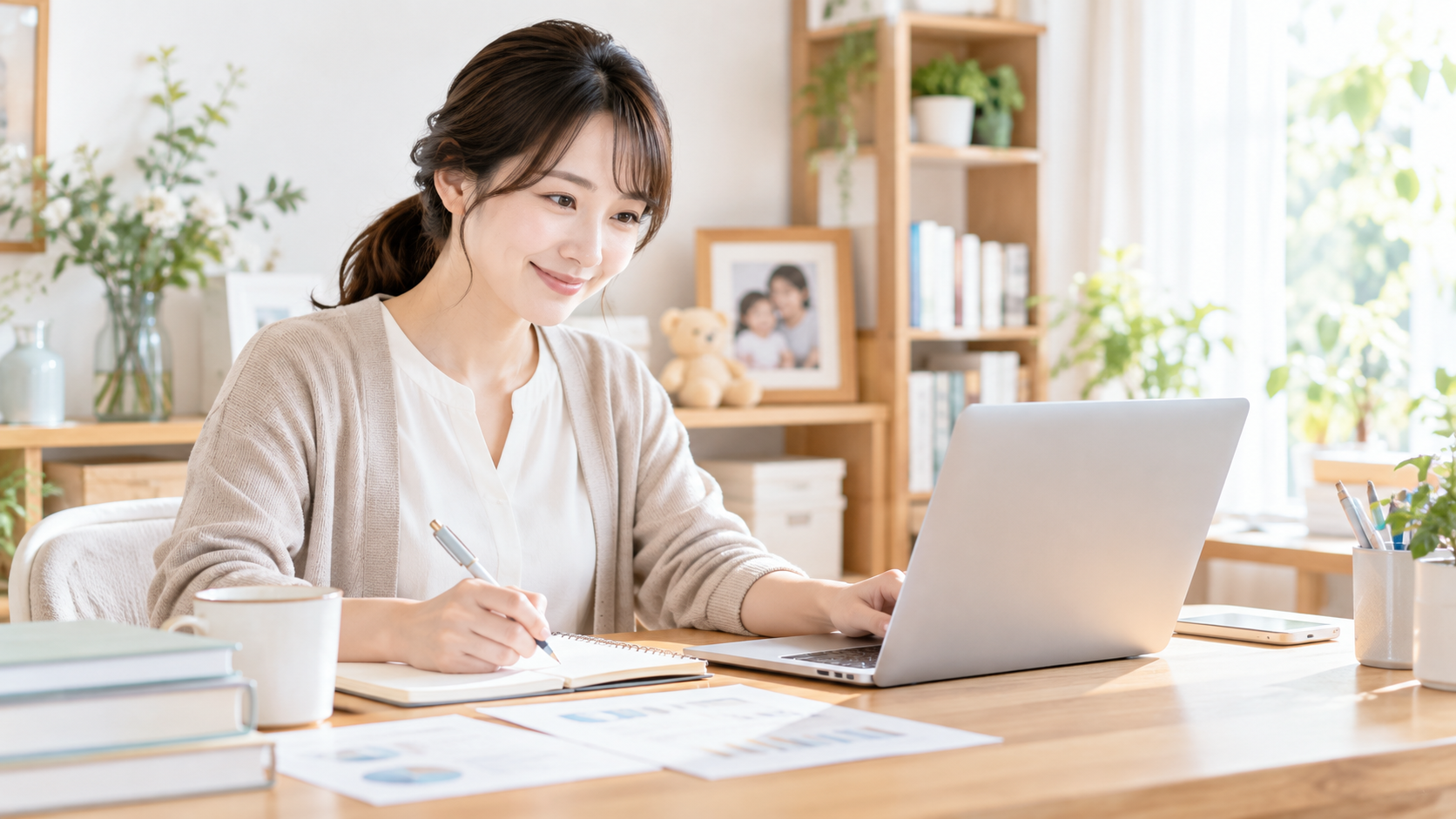 明るい部屋でノートとパソコンを使いながらサイト運営に取り組む女性のイメージ